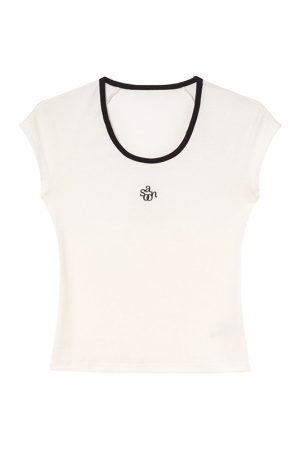 American Retro Letter Embroidery Color-Blocking U-Neck Short Sleeve T-Shirt for Women - Summer Slim Fit 90s Style Top