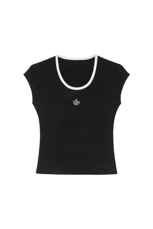 American Retro Letter Embroidery Color-Blocking U-Neck Short Sleeve T-Shirt for Women - Summer Slim Fit 90s Style Top