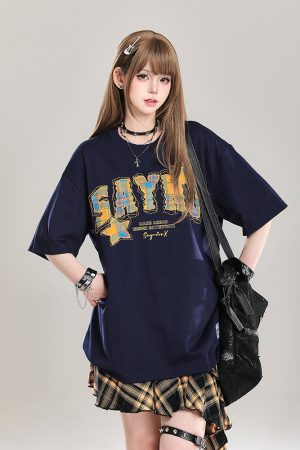 American Retro Letter Embroidery Short Sleeve T-Shirt for Women - Stylish Loose Fit College Casual Top for Summer 2025
