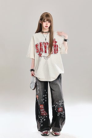 American Retro Letter Embroidery Short Sleeve T-Shirt for Women - Stylish Loose Fit College Casual Top for Summer 2025