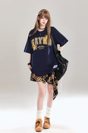 American Retro Letter Embroidery Short Sleeve T-Shirt for Women - Stylish Loose Fit College Casual Top for Summer 2025