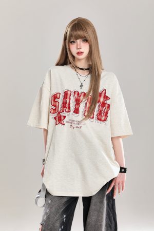 American Retro Letter Embroidery Short Sleeve T-Shirt for Women - Stylish Loose Fit College Casual Top for Summer 2025
