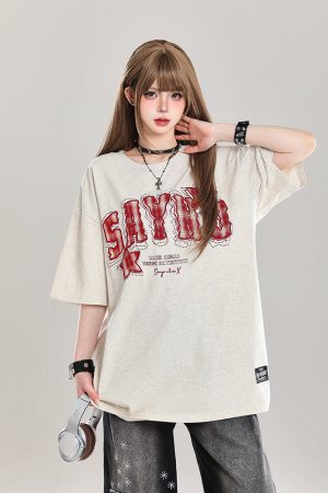 American Retro Letter Embroidery Short Sleeve T-Shirt for Women - Stylish Loose Fit College Casual Top for Summer 2025