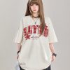 American Retro Letter Embroidery Short Sleeve T-Shirt for Women - Stylish Loose Fit College Casual Top for Summer 2025