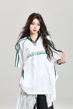 American Retro Letter Short Sleeve T-Shirt for Girls - Summer Jersey Sporty Casual Loose Fit, Niche Half-Sleeve Style