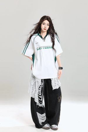 American Retro Letter Short Sleeve T-Shirt for Girls - Summer Jersey Sporty Casual Loose Fit, Niche Half-Sleeve Style