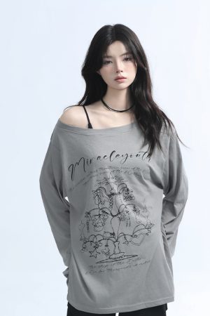 American Retro Off-Shoulder Long Sleeve T-Shirt for Women - Summer Thin Loose Cover-Up with Sun Protection, Casual Fit