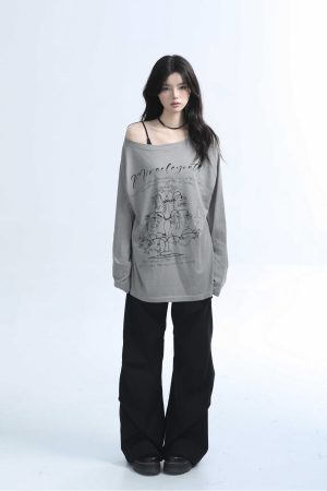 American Retro Off-Shoulder Long Sleeve T-Shirt for Women - Summer Thin Loose Cover-Up with Sun Protection, Casual Fit