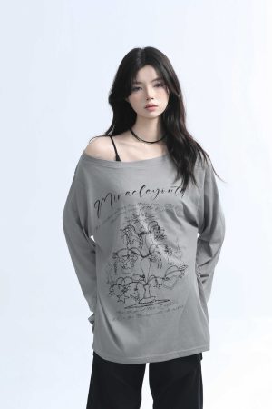 American Retro Off-Shoulder Long Sleeve T-Shirt for Women - Summer Thin Loose Cover-Up with Sun Protection, Casual Fit