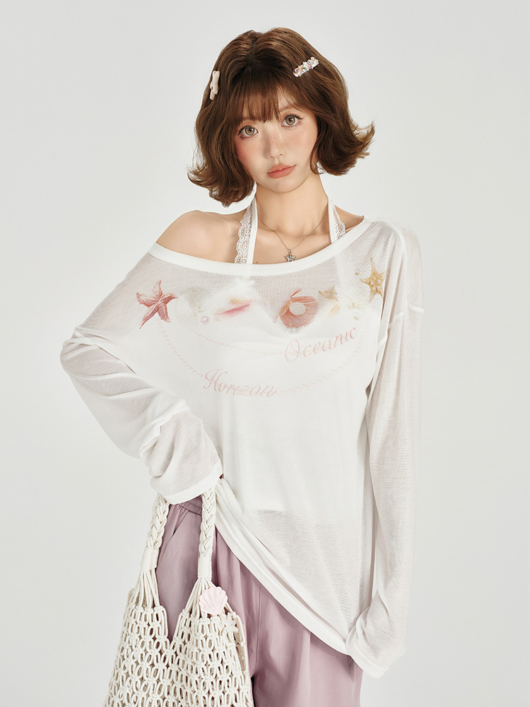 American Retro Off-Shoulder Sheer Long Sleeve Cover-Up Women's Versatile Fruit Print Top for 90s Y2K Style American Retro Off-Shoulder Sheer Long Sleeve Cover-Up Women's Versatile Fruit Print Top for 90s Y2K Style