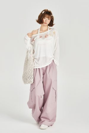 American Retro Off-Shoulder Sheer Long Sleeve Cover-Up Women's Versatile Fruit Print Top for 90s Y2K Style