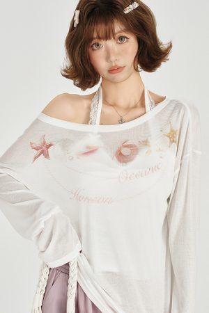 American Retro Off-Shoulder Sheer Long Sleeve Cover-Up Women's Versatile Fruit Print Top for 90s Y2K Style