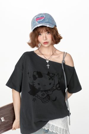 American Retro Off-Shoulder Short Sleeve T-Shirt for Women, Summer Tie Design, Loose Slimming Top, Girly Y2K Fashion Style
