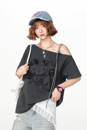 American Retro Off-Shoulder Short Sleeve T-Shirt for Women, Summer Tie Design, Loose Slimming Top, Girly Y2K Fashion Style