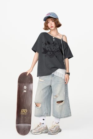 American Retro Off-Shoulder Short Sleeve T-Shirt for Women, Summer Tie Design, Loose Slimming Top, Girly Y2K Fashion Style