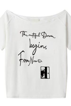 American Retro Off-Shoulder Short-Sleeve Women's Summer Letter Print Red T-Shirt - Trendy Loose Slim Fit Top for Y2K Style