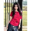 American Retro Off-Shoulder Short-Sleeve Women's Summer Letter Print Red T-Shirt - Trendy Loose Slim Fit Top for Y2K Style