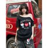 American Retro Off-Shoulder T-Shirt for Women, Summer Hello Kitty Printed Loose Color-Blocking Short Sleeve Top
