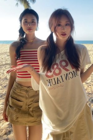 American Retro Off-Shoulder T-Shirt for Women, Summer Letter Print, Oversized Loose Short Sleeve, Trendy Y2K Shoulder-Baring Top