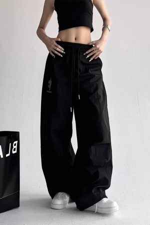 American Retro Parachute Cargo Pants for Women - Loose Wide-Leg Casual Jazz Dance Sports Pants, Y2K Inspired Fashion
