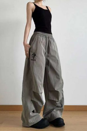 American Retro Parachute Cargo Pants for Women - Loose Wide-Leg Casual Jazz Dance Sports Pants, Y2K Inspired Fashion