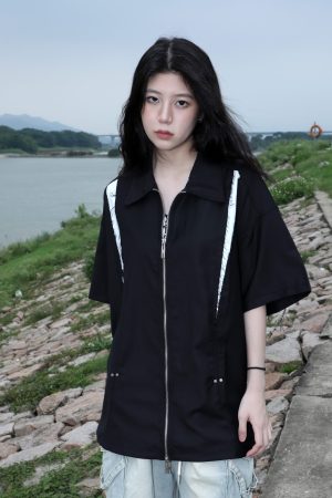 American Retro Patchwork Zip Short Sleeve Shirt for Women - Summer Loose Fit Casual Top, Y2K Street Style Fashion