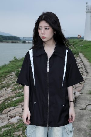 American Retro Patchwork Zip Short Sleeve Shirt for Women - Summer Loose Fit Casual Top, Y2K Street Style Fashion