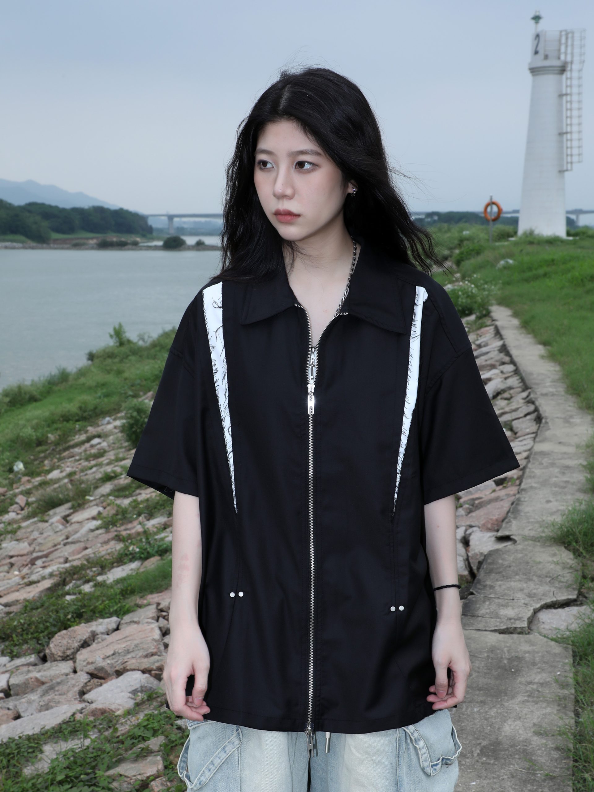 American Retro Patchwork Zip Short Sleeve Shirt for Women - Summer Loose Fit Casual Top, Y2K Street Style Fashion American Retro Patchwork Zip Short Sleeve Shirt for Women - Summer Loose Fit Casual Top, Y2K Street Style Fashion