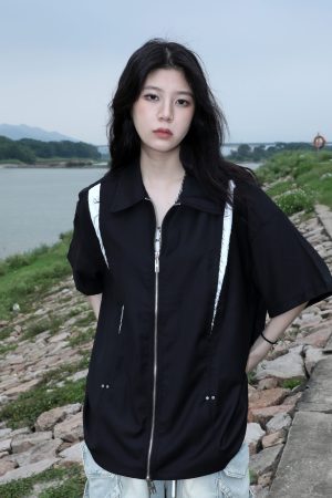 American Retro Patchwork Zip Short Sleeve Shirt for Women - Summer Loose Fit Casual Top, Y2K Street Style Fashion