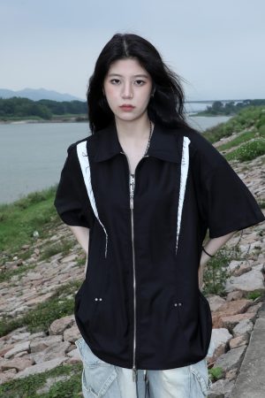 American Retro Patchwork Zip Short Sleeve Shirt for Women - Summer Loose Fit Casual Top, Y2K Street Style Fashion