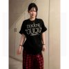 American Retro Pearl Studded Black Oversized T-Shirt for Women - Summer Short Sleeve Loose Fit Trendy Top