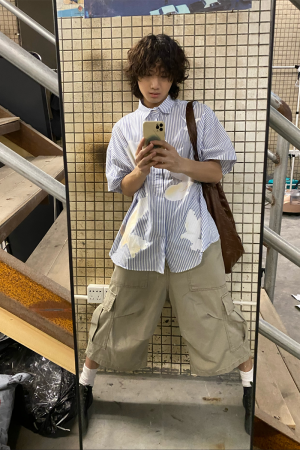 American Retro Pigeon Print Striped Short Sleeve Shirt for Men & Women - Summer Casual Loose Fit Trendy Top