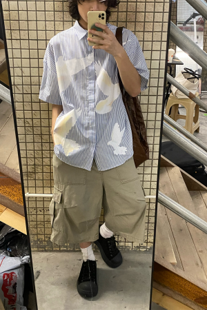 American Retro Pigeon Print Striped Short Sleeve Shirt for Men & Women - Summer Casual Loose Fit Trendy Top