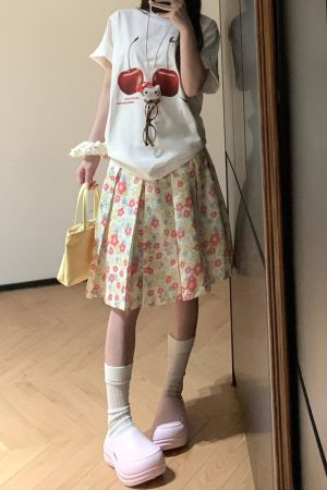 American Retro Pink Floral Midi Skirt for Women - Versatile High-Waisted Pleated Summer Skirt, Casual 90s Style