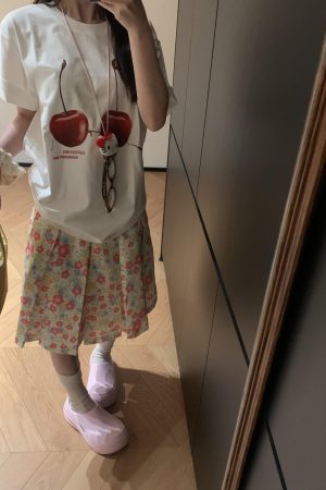 American Retro Pink Floral Midi Skirt for Women - Versatile High-Waisted Pleated Summer Skirt, Casual 90s Style