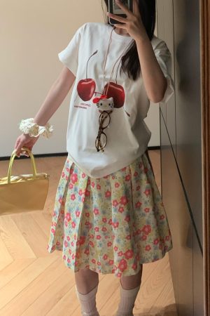 American Retro Pink Floral Midi Skirt for Women - Versatile High-Waisted Pleated Summer Skirt, Casual 90s Style