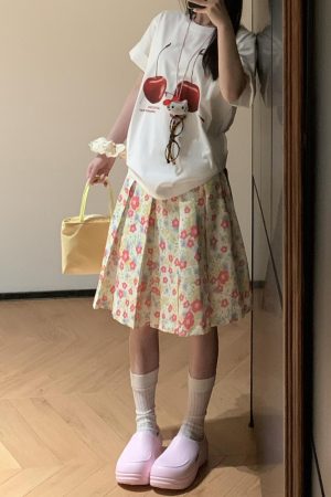 American Retro Pink Floral Midi Skirt for Women - Versatile High-Waisted Pleated Summer Skirt, Casual 90s Style