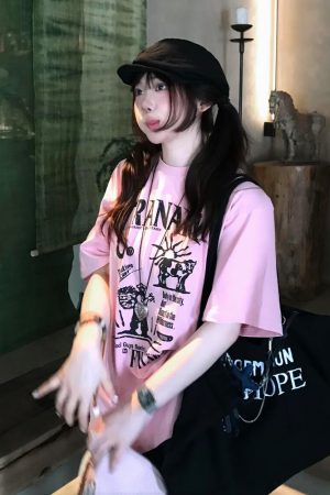 American Retro Pink Short-Sleeve Women's Summer Heavyweight T-Shirt with Illustration Letter Print - Casual College Style Top