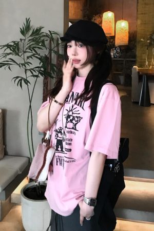 American Retro Pink Short-Sleeve Women's Summer Heavyweight T-Shirt with Illustration Letter Print - Casual College Style Top