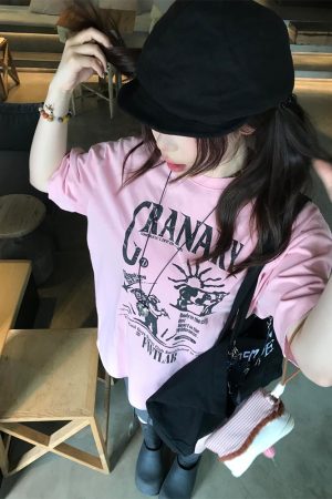 American Retro Pink Short-Sleeve Women's Summer Heavyweight T-Shirt with Illustration Letter Print - Casual College Style Top