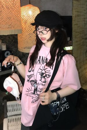 American Retro Pink Short-Sleeve Women's Summer Heavyweight T-Shirt with Illustration Letter Print - Casual College Style Top