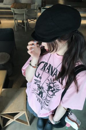 American Retro Pink Short-Sleeve Women's Summer Heavyweight T-Shirt with Illustration Letter Print - Casual College Style Top