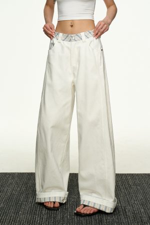 American Retro Plaid Patchwork Denim Pants for Women - Summer Loose Straight-Leg Wide-Leg Korean Style Trousers