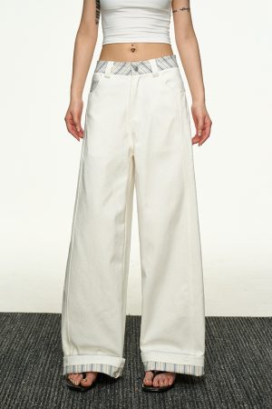 American Retro Plaid Patchwork Denim Pants for Women - Summer Loose Straight-Leg Wide-Leg Korean Style Trousers