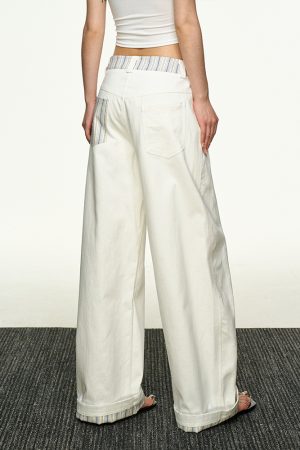 American Retro Plaid Patchwork Denim Pants for Women - Summer Loose Straight-Leg Wide-Leg Korean Style Trousers