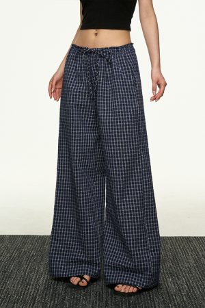 American Retro Plaid Wide-Leg Pants for Women - Summer Casual Loose Drape Drawstring Style
