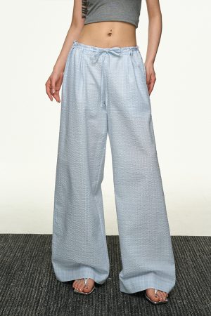 American Retro Plaid Wide-Leg Pants for Women - Summer Casual Loose Drape Drawstring Style