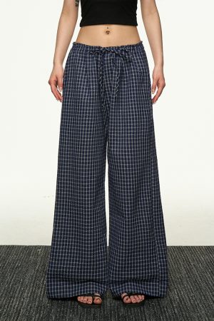 American Retro Plaid Wide-Leg Pants for Women - Summer Casual Loose Drape Drawstring Style