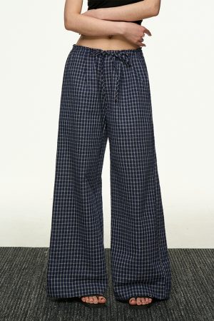 American Retro Plaid Wide-Leg Pants for Women - Summer Casual Loose Drape Drawstring Style