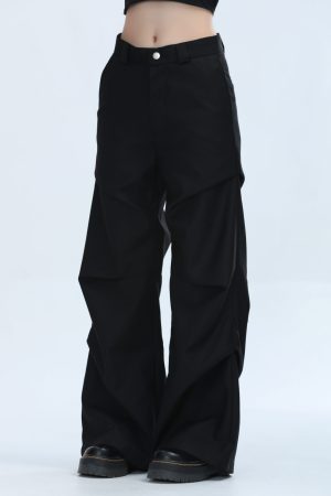 American Retro Pleated Black Casual Pants for Women - Niche Loose Straight Wide-Leg Design, Vintage Style, Comfortable Fit
